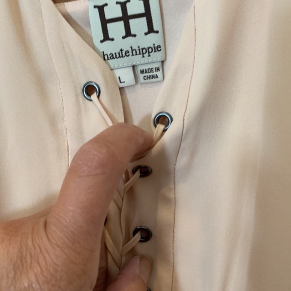 NWOT Haute Hippie silk sundress with lace up detail on front 3/4 lined szL nude - Picture 2 of 4